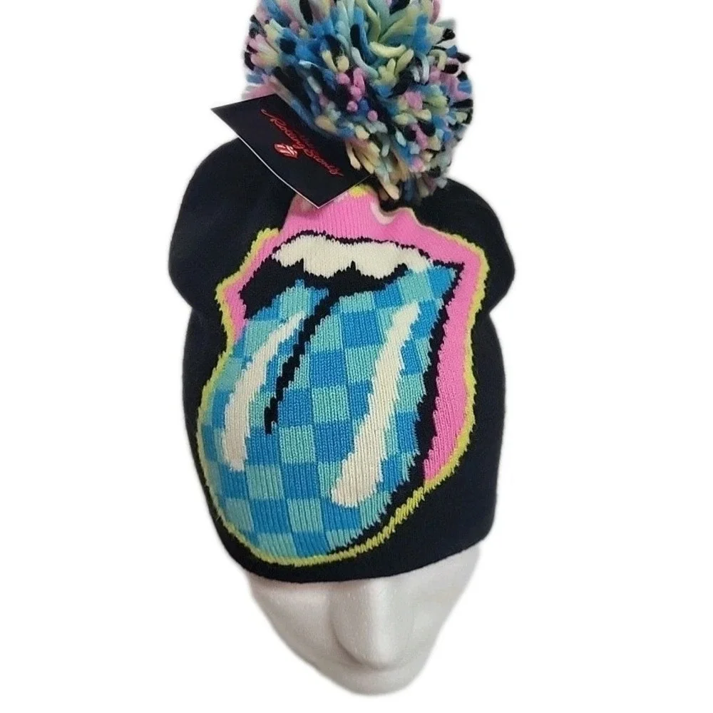 Rolling Stones Pom Beanie Winter Hat, ‎ Classic Checkered Tongue Logo NWT